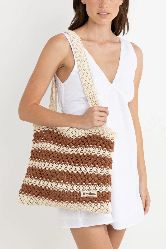 Rhythm Cove Stripe Crochet Tote Bag - Caramel