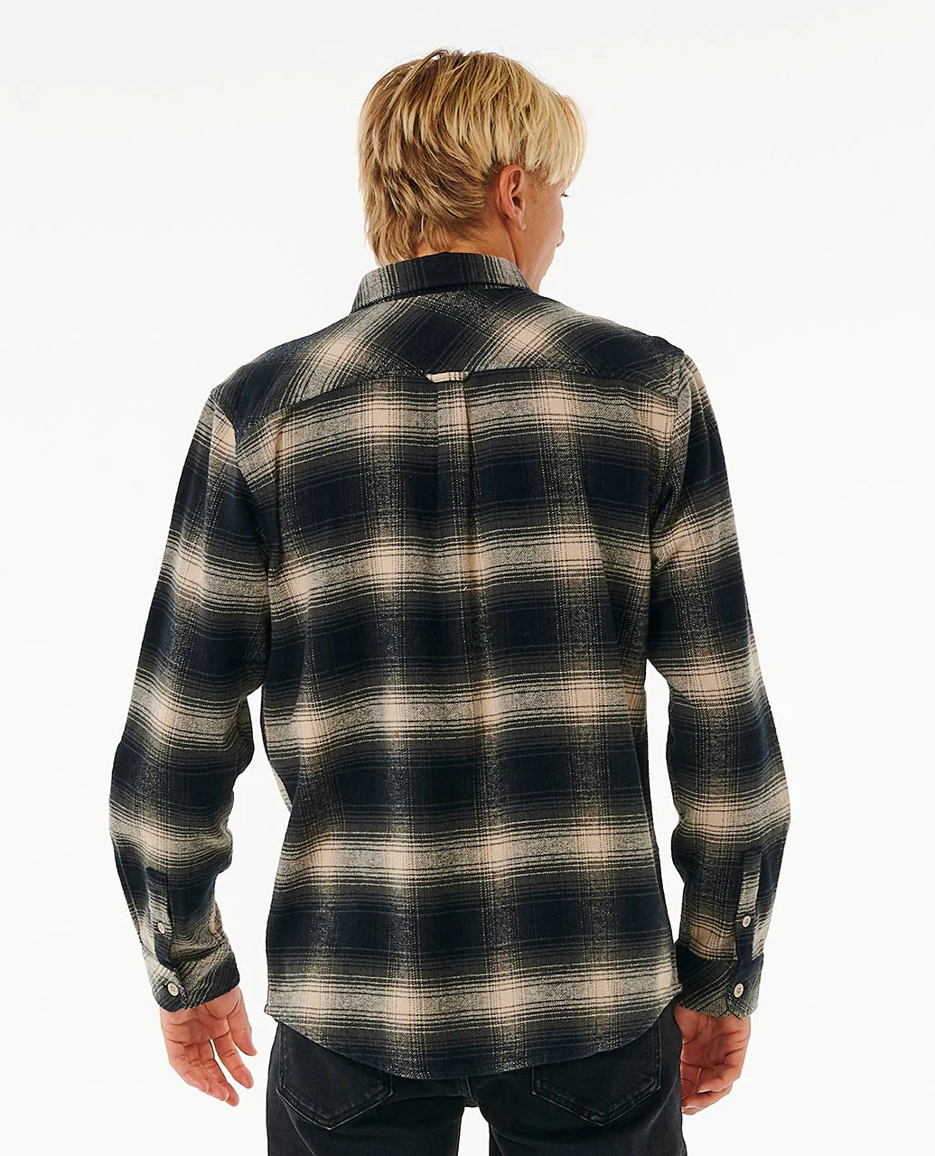back of a man wearing Rip Curl Classic Surf Count Flannel Shirt Taupe