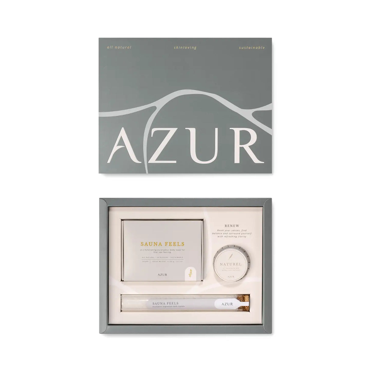 AZUR skincare product set with packaging on a white background