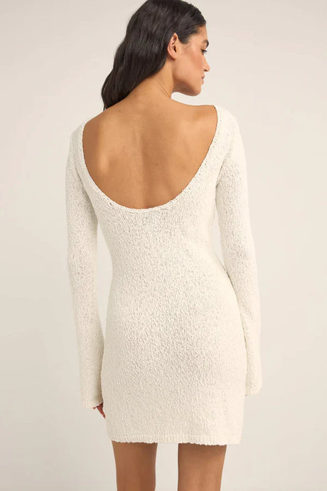 back of a woman wearing an open back adele knit dress from rhythm