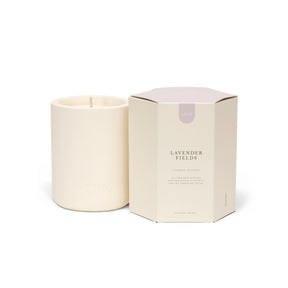 Candle with 'Lavender Fields' packaging on a white background
