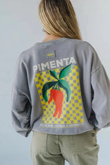 Person wearing a gray bauy peppet sweatshirt with a colorful graphic and text on the back.