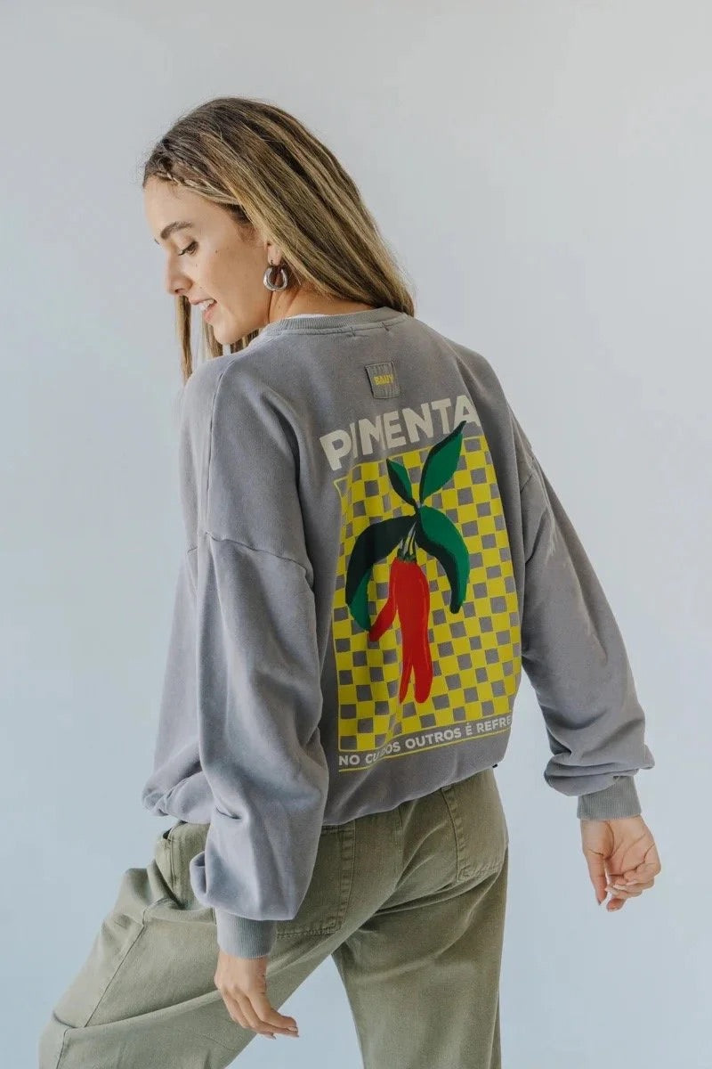 Person wearing a gray sweatshirt with colorful pepper graphic design on the back against a plain background