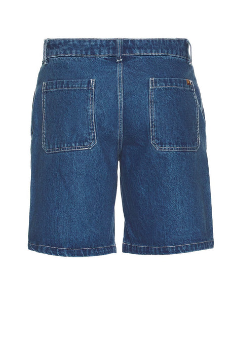 Dark wash Rhythm denim shorts on a white background