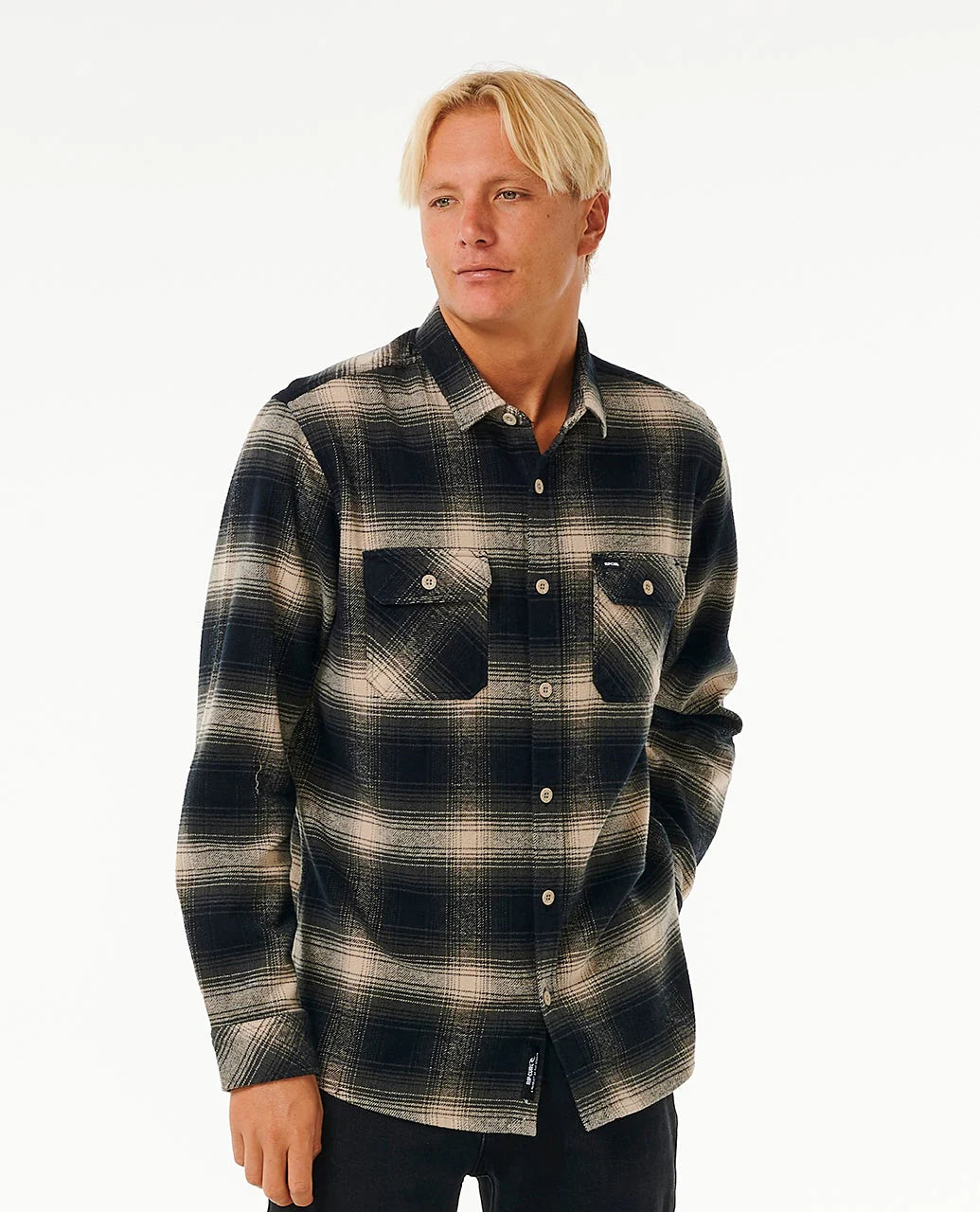 Man wearing the Rip Curl Classic Surf Count Flannel Shirt taupe against a white background