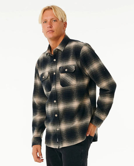 Man wearing the Rip Curl Classic Surf Count Flannel Shirt taupe against a white background