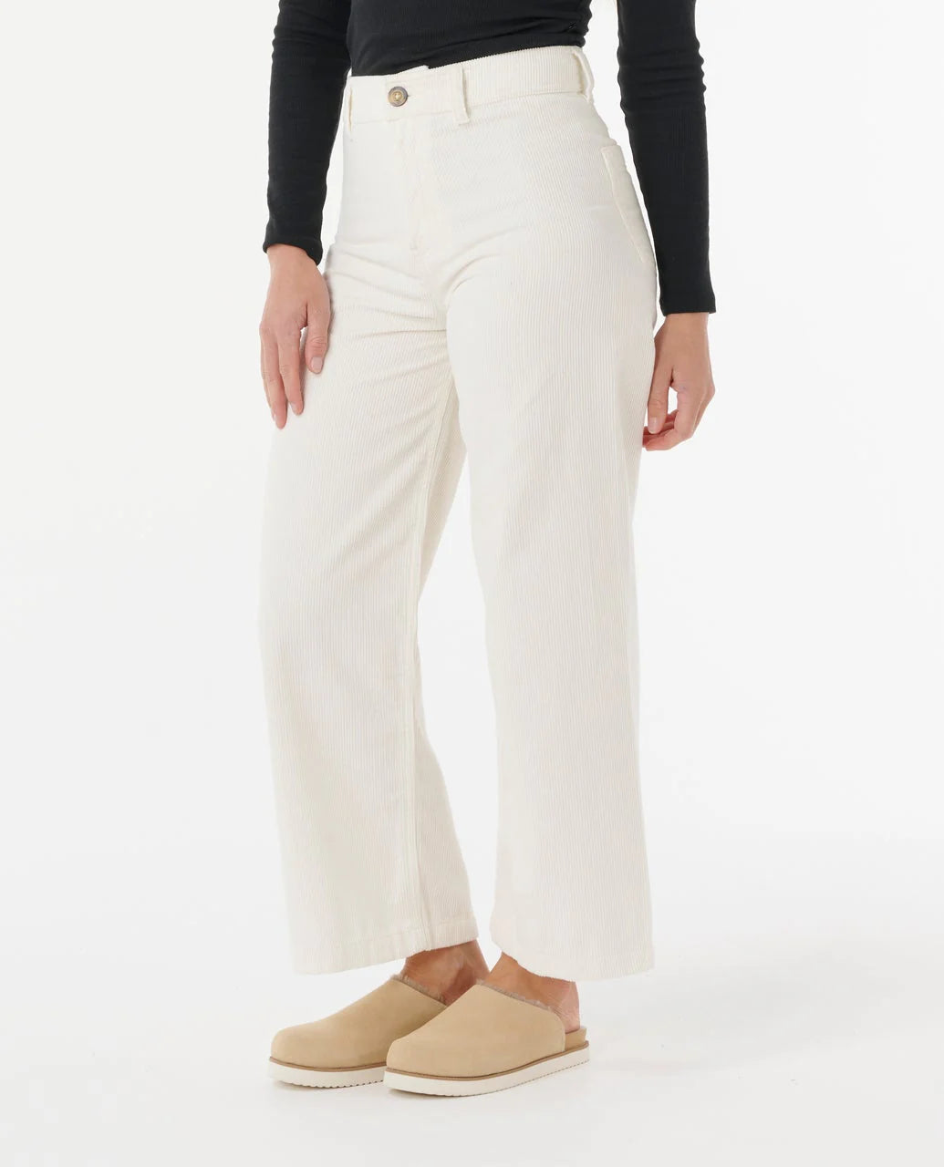 Person wearing white pants and beige shoes on a white background
