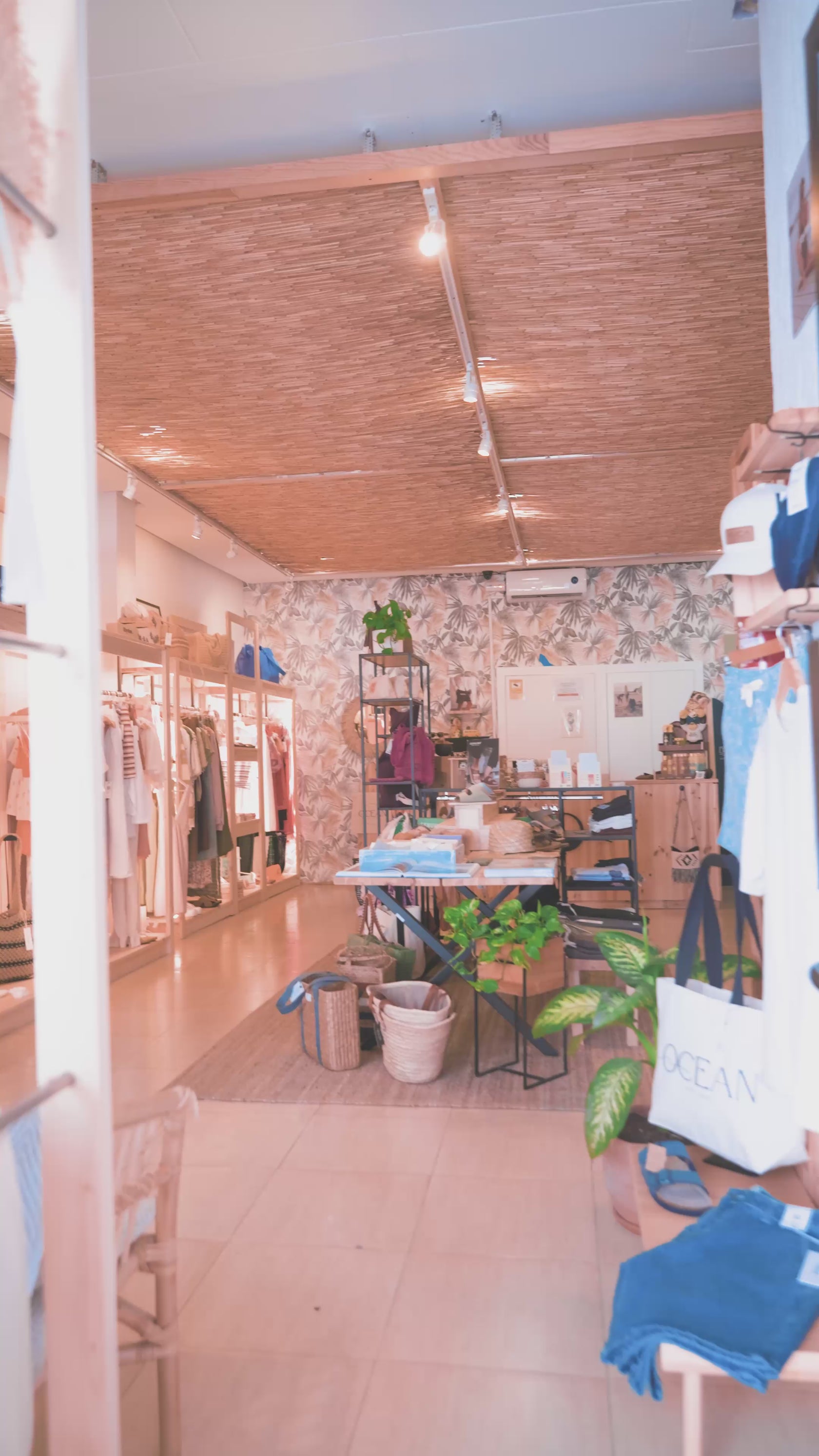 walkthrough of the interior of OCEAN shop Javea, showing bikinis, baskets, clothing and accessories